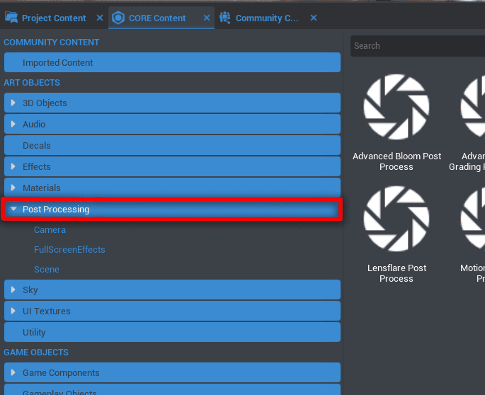 All post process effects can be found here. Post Process Effects