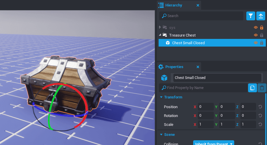 The Position, Rotation, and Scale of the object should be 0,0,0 to make organizing easier. Treasure Chest Closed